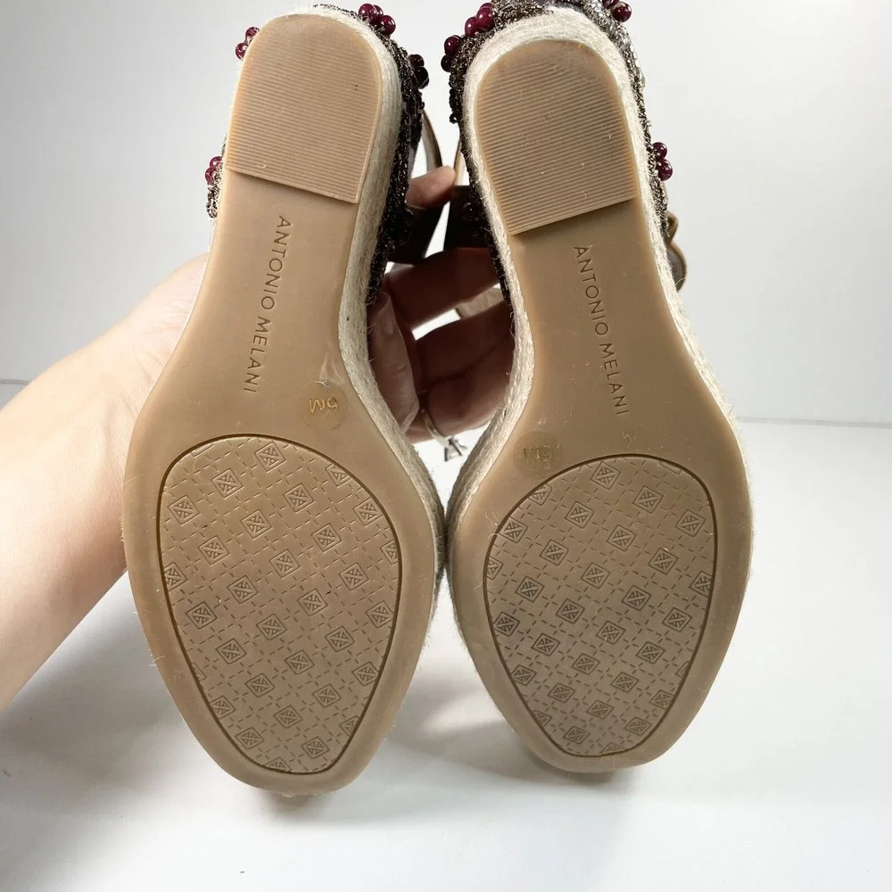Antonio Melani Espadrille Platform Heels Tan Leather embellished Heel Size 6M